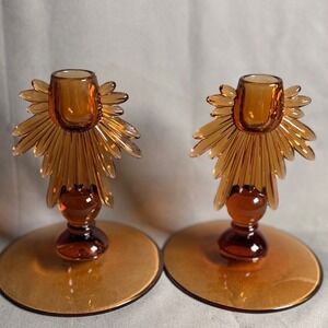 Vtg New Martinsville Art Deco Amber Candle Holder MCM Sunburst/ Feather wing